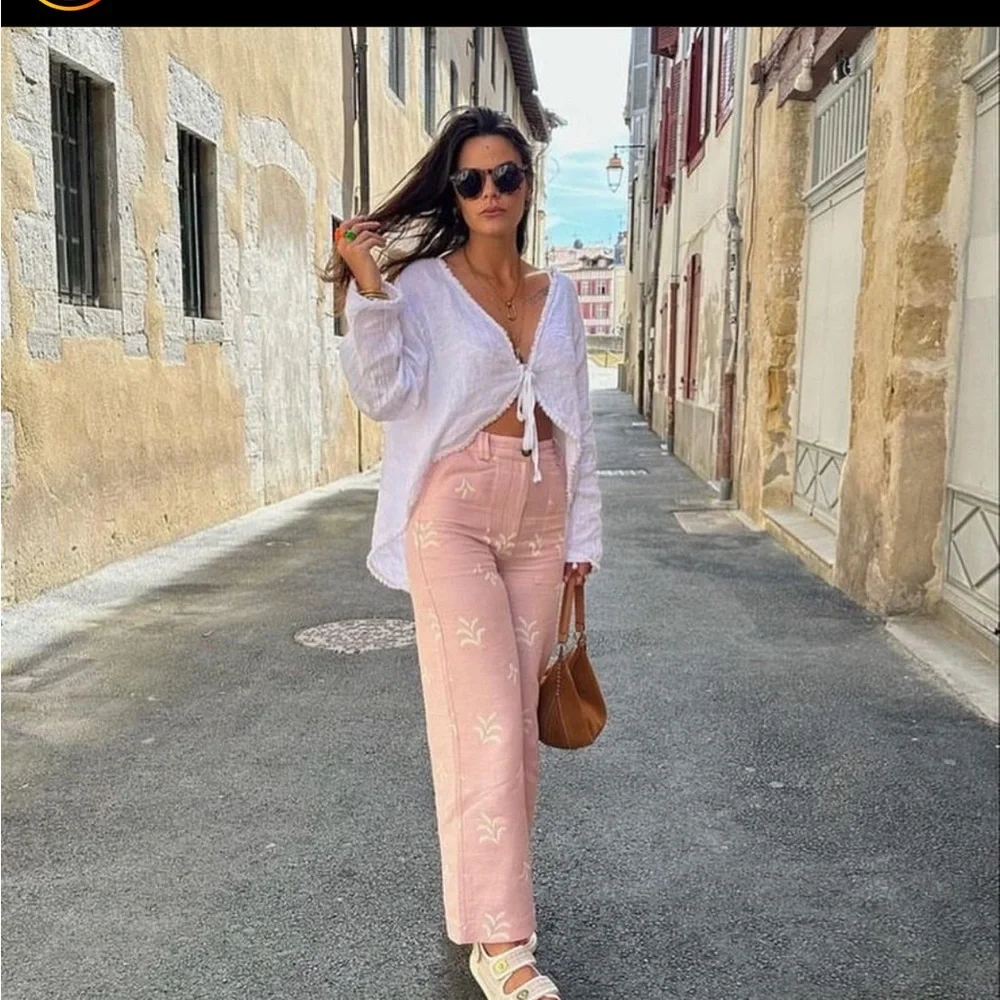 ZARA EMBROIDERED LINEN BLEND PANTS